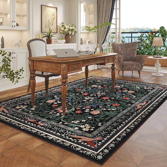 5x7 Washable Rug Vintage Floral Botanical Area Rug Non Slip Low Pile Large Rugs for Living Room, Bedroom, Farmhouse, Dining Room, Kids Playroom, Black-CubbioJoy