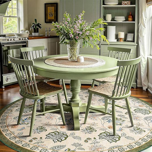 jinchan 8ft Floral Round Rug for Dining Room Washable Living Room Rug Vintage Romance Design Non Slip Indoor Floor Cover Lightweight Low-Profile Throw Carpet for Bedroom Porch Patio, Green/Beige-CubbioJoy