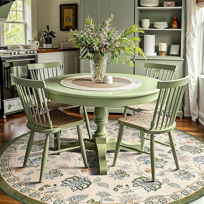 jinchan 7ft Floral Round Rug for Dining Room Washable Living Room Rug Vintage Romance Design Non Slip Indoor Floor Cover Lightweight Low-Profile Throw Carpet for Bedroom Porch Patio, Green/Beige-CubbioJoy