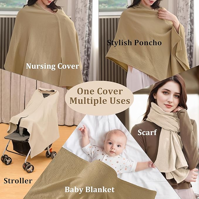 2-Pack Nursing Covers for Breastfeeding, 100% Organic Cotton Muslin Breastfeeding Cover, Multi-Use Nursing Scarf, Car Seat Canopy, Stroller Cover, Soft Breathable Baby Blanket Khaki Brown-CubbioJoy
