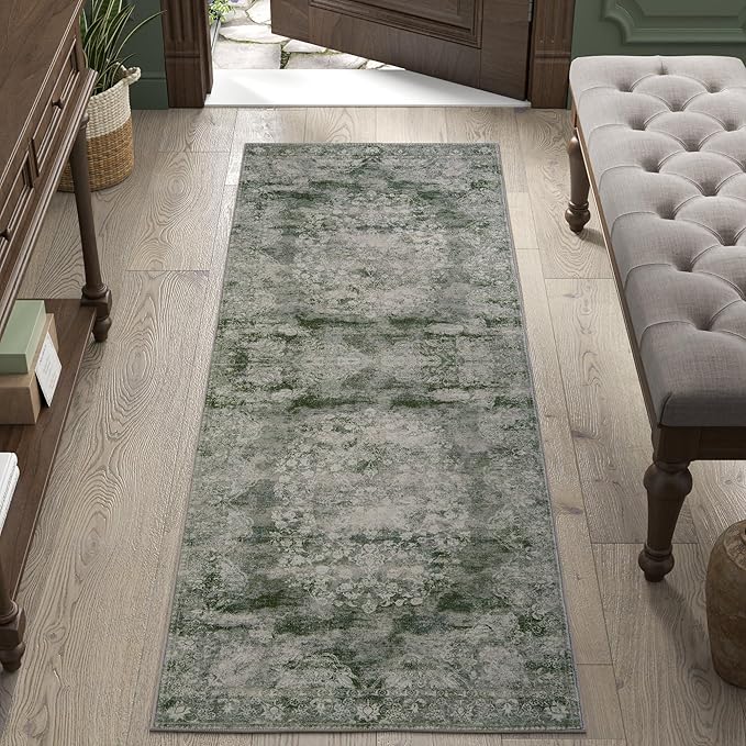 jinchan Green Runner Rug 2x5 - Machine Washable Vintage Floral Distressed Design Non-Slip Low-Pile Soft Thin Carpet for Hallway Kitchen Farmhouse Bedroom Entryway Laundry (2x5ft,Forest Green)-CubbioJoy