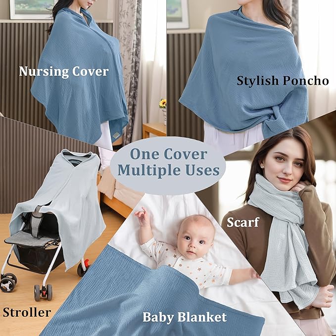 2-Pack Nursing Covers for Breastfeeding, 100% Organic Cotton Muslin Breastfeeding Cover, Multi-Use Nursing Scarf, Car Seat Canopy, Stroller Cover, Soft Breathable Baby Blanket Grey-CubbioJoy