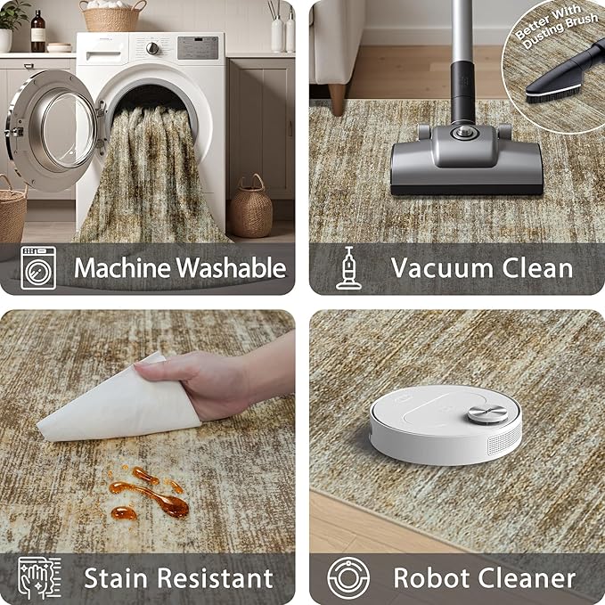 Area Rugs 8x10 Living Room Rugs: Large Modern Abstract Washable Rug with Non-Slip Backing, Thin Carpet for Dining Room Table Bedroom Nursery Indoor Home Office-Brown-CubbioJoy