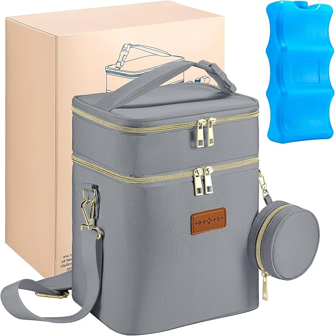Breastmilk Cooler Bag with Ice Pack & Pacifier Case, Large Double Layer Insulated Baby Bottle Cooler Fits 6 Bottles, Breast Pump Storage Bag for Working Nursing Moms, with Gift Box-CubbioJoy