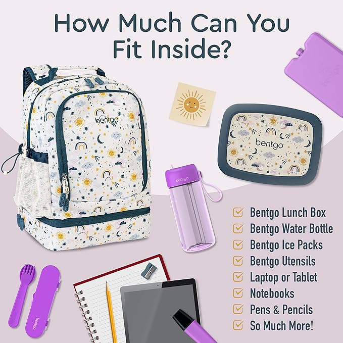 Bentgo Kids 2-in-1 Backpack & Insulated Lunch Bag - Durable 16” Backpack & Lunch Container in Unique Prints for School & Travel - Water Resistant, Padded & Large Compartments (Friendly Skies)-CubbioJoy