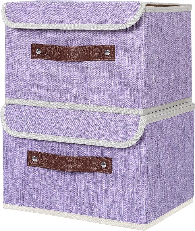 ANMINY 2PCS Storage Bins with Lid PU Leather Handles Storage Boxes PP Plastic Board Decorative Foldable Lidded Cotton Linen Fabric Home Cubes Baskets Closet Organizer Containers - Purple, Small Size-CubbioJoy