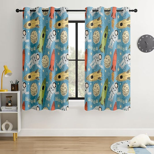 Kids Astronaut and Rocket Blackout Curtains - 100% Blackout, Thermal Insulated, Noise Reducing, Bring The Cosmos Closer to Your Kid’s Room, 2 Panels (Moonbound Adventure, W52×L63)-CubbioJoy