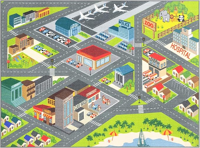 KC Cubs 5x7 City Streets Car Road Rug – Educational Non-Slip Play Mat for Kids, Toddlers, Nursery, Classroom, Playroom, Baby Daycare, Boy Girl Carpet-CubbioJoy