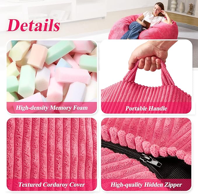 3.5FT Bean Bag Chairs Teardrop Bean Bag Chair for Adults Beanbag Chair with Memory Foam Filled Machine Washable Cover for Living Room, Bedroom (Large,Pink)-CubbioJoy