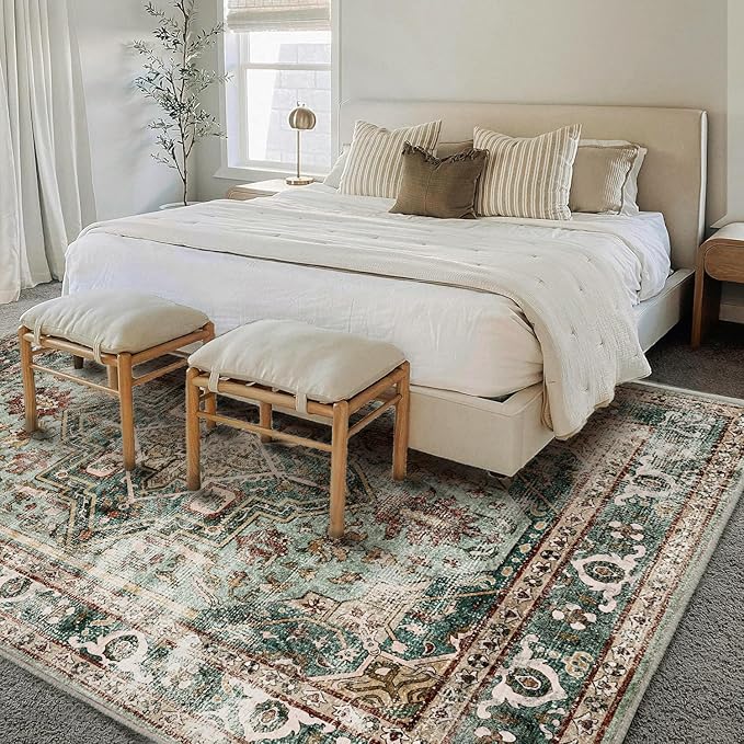 Area Rug 8'x10' Green Washable Vintage Traditional Mat Distressed Indoor Foldable Thin Retro Accent Floral Print Non Slip Carpet for Living Room Dining Room Office-CubbioJoy