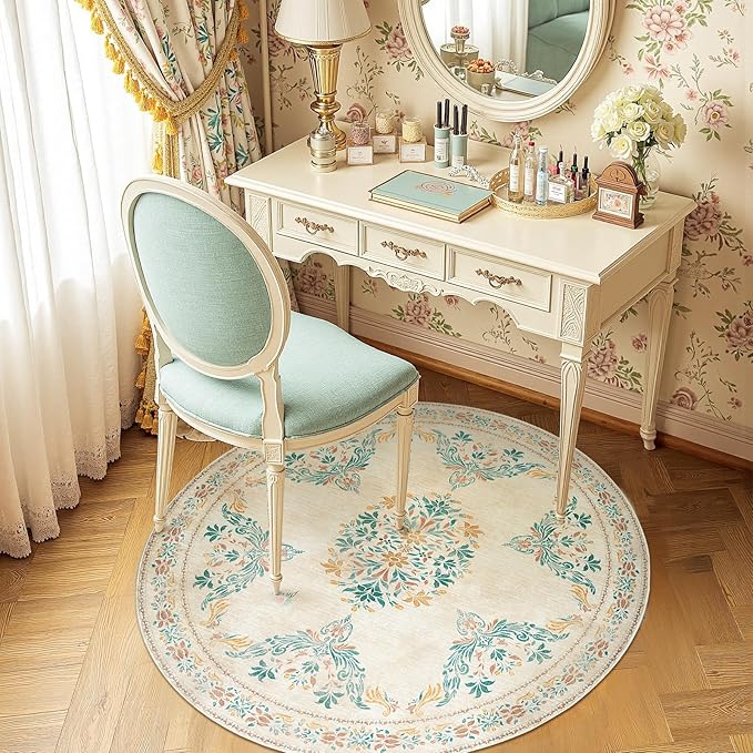 jinchan Round Rug 4ft Area Rugs Vintage Floral Distressed Design,Machine Washable Soft Non-Slip Low-Pile Ultra-Thin Circle Rug for Entryway Bedside Living Room Kitchen Nursery (4' Round,Apricot Multi)-CubbioJoy