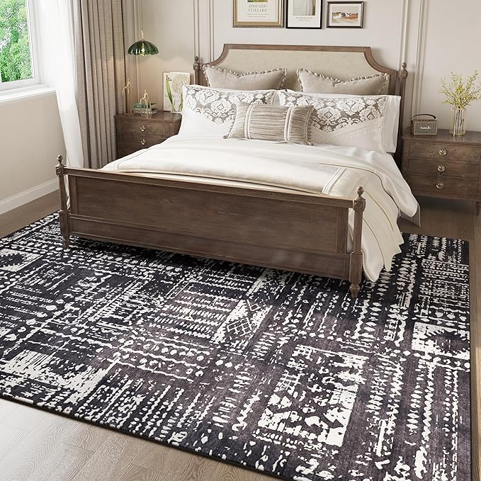 Area Rugs 8x10 Rug for Living Room Clearance Washable Boho Area Rug Non Slip Moroccan Vintage Low Pile Large Rug for Living Room, Bedroom, Farmhouse, Dining Room, Kids Playroom(Black)-CubbioJoy