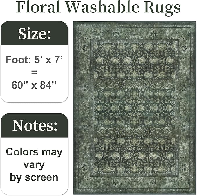 5x7 Washable Area Rug for Living Room, Non Slip Vintage Floral Rugs for Bedroom, Retro Indoor Floor Carpet for Kitchen, Dining Room, Farmhouse, Classroom (Distressed Green)-CubbioJoy