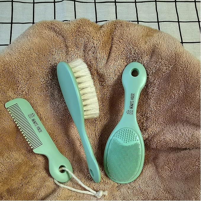 3 Piece Baby Hair Brush & Comb Set for Newborns- Soft Goat Bristle Hair-Brush, Silicone Bath Brush and Plastic Comb for Infant, Toddler, Kids - Baby-CubbioJoy