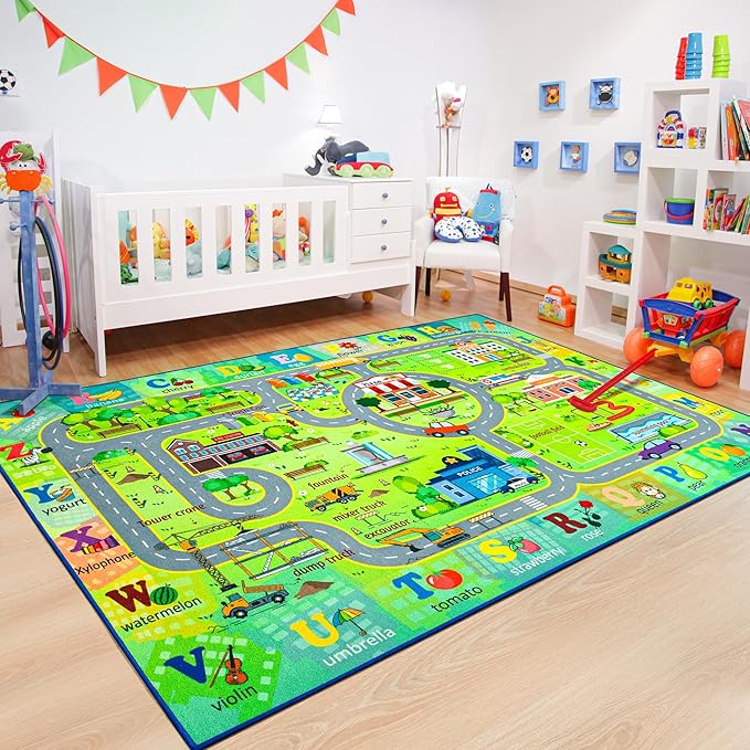 Chicrug 4x6 Car Road Area Rug for Kids Playroom Bedroom, Non Slip Low Pile Washable ABC Alphabet Carpet for Classroom, City Track Play Mat for Toddler Children Nursery Baby Room Decor, Green-CubbioJoy