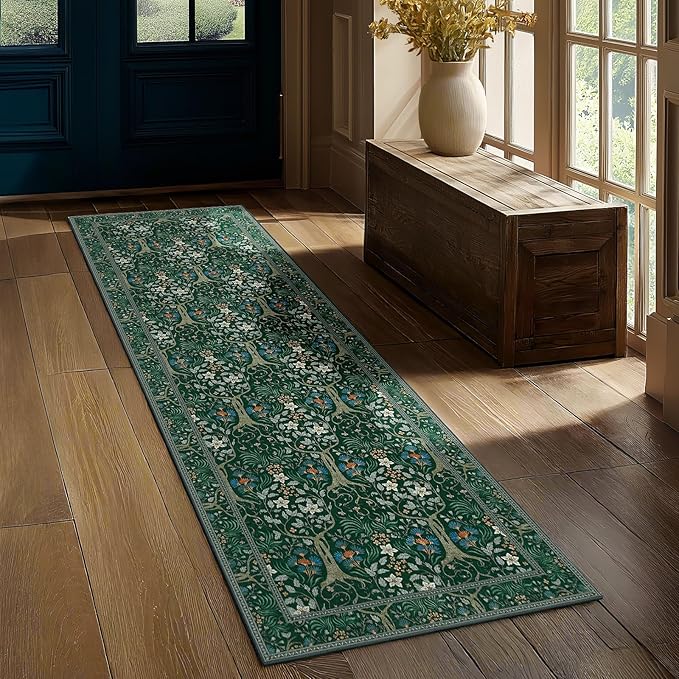 Joydeco Washable Runner Rug Non Slip, Floral Kitchen Carpet Runner 2x6, Soft Low-Pile Botanical Forest Indoor Floor Door Mat for Hallway Bathroom Entryway Laundry Room, Dark Green-CubbioJoy