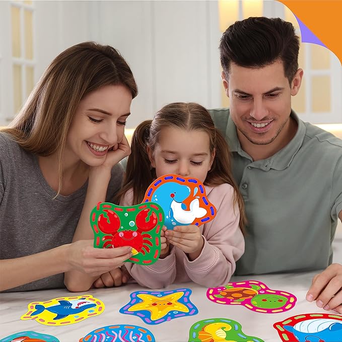 9 Pieces Kids Lacing Cards, Double Sided Sewing Cards in 9 Marine Animal Cards with 9 Colorful Laces, Imagination Development Lacing Toys Games for Children Educational and Learning Activity-CubbioJoy