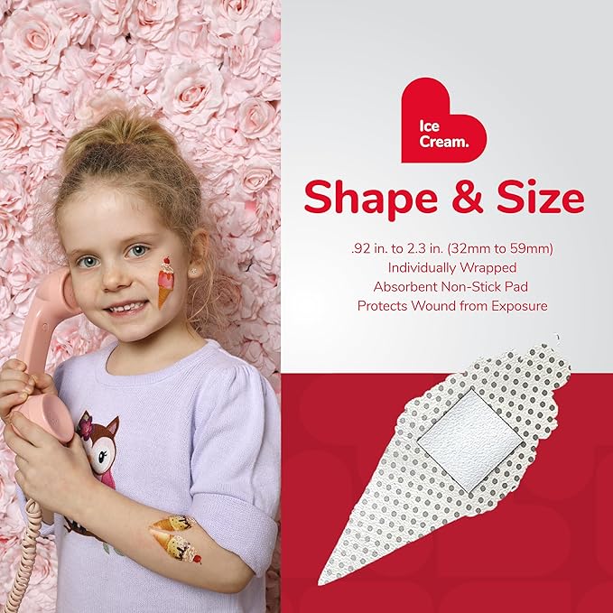 BioSwiss Bandages, Ice Cream Shaped Self Adhesive Bandage, Latex Free Sterile Wound Care, Fun First Aid Kit Supplies for Kids, 24 Count-CubbioJoy