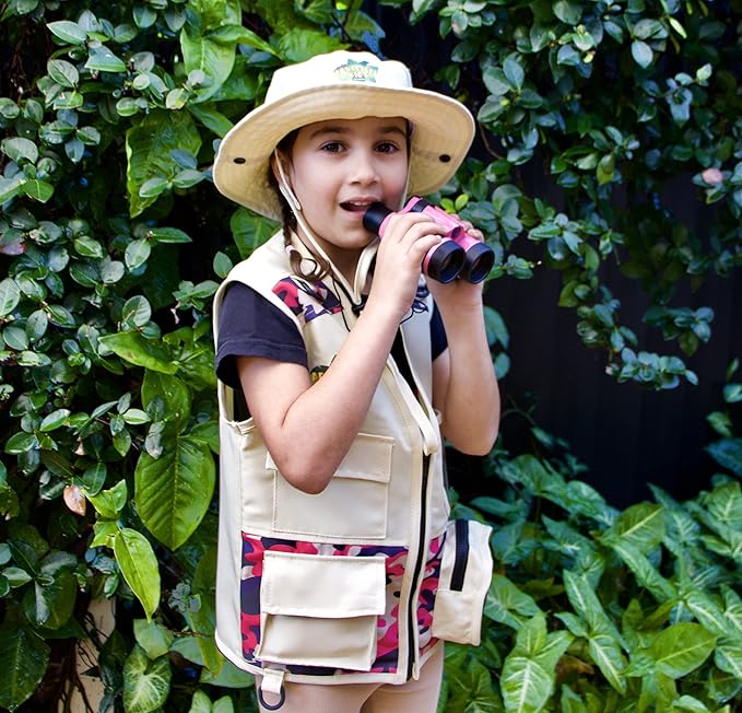 Bug Hunting Kit, Pink Safari Vest, Hat, Binoculars, Lg. Butterfly Net, Bug Container, Whistle, Flashlight, Magnifier, Thermostat, Compass, Age 3+-CubbioJoy