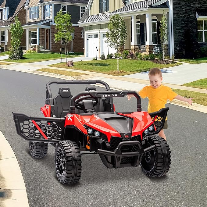 24V 2 Seater Ride On Car Truck, Power Wheels Kids UTV w/Parent Remote Control, 3.1 MPH Max Speed, Music Player, LED Lights & Storage, Electric Vehicle Ride On Toy for Kids Toddler Ages 3-8, Red-CubbioJoy