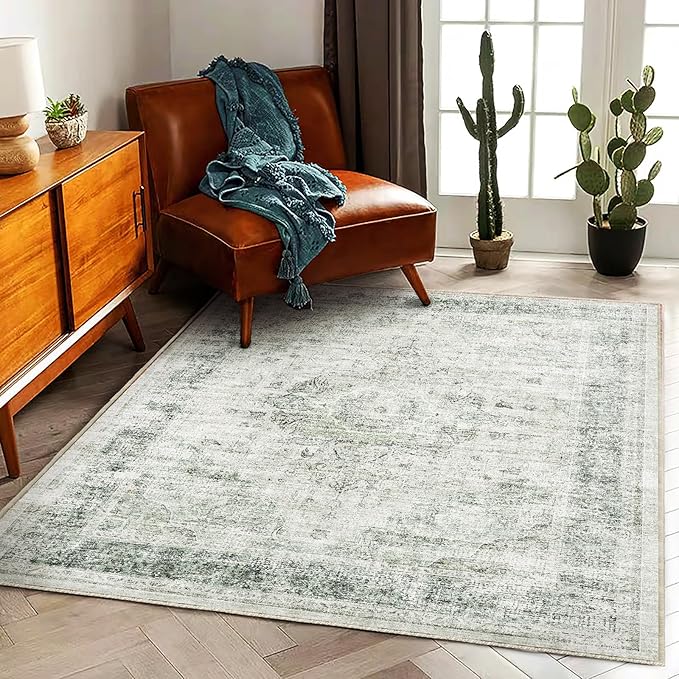 Area Rug 5'x7' Washable Rug Floral Green Vintage Traditional Floor Cover Thin Retro Kitchen Indoor Distressed Non Slip Carpet for Living Room Bedroom Dining Room-CubbioJoy