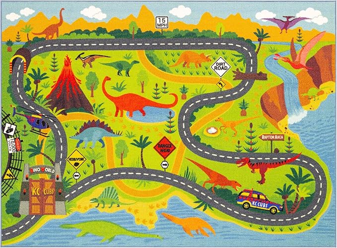 KC Cubs 3x5 Dinosaur Toy Car Dino Road Rug – Educational Play Mat Carpet for Kids, Toddlers, Nursery, Classroom, Playroom, Baby Daycare, Boys & Girls-CubbioJoy