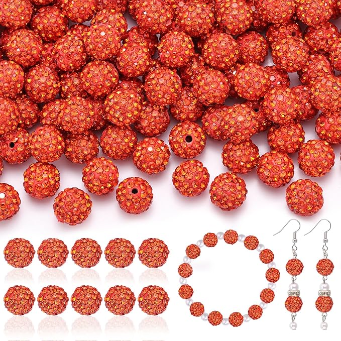 160pcs 10mm Rhinestone Beads for Jewelry Making, Orange Shiny Round Disco Ball Beads Bulk, Sparkle Crystal Clay Christmas for Bracelet Baseball Necklace Earring Crafting and DIY-CubbioJoy
