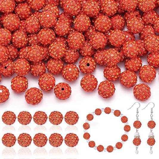 160pcs 10mm Rhinestone Beads for Jewelry Making, Orange Shiny Round Disco Ball Beads Bulk, Sparkle Crystal Clay Christmas for Bracelet Baseball Necklace Earring Crafting and DIY-CubbioJoy