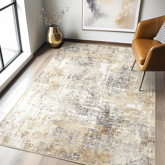 4x6 Rug Washable Area Rugs: Abstract Modern Soft Stain Resistant Indoor Floor Accent Non Slip Carpet for Living Room Entryway Kitchen Bedroom Nursery Office Bedside Home House Decor- Gray Gold-CubbioJoy