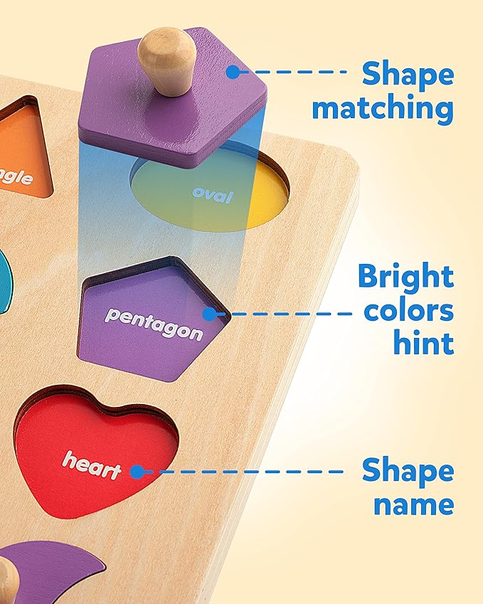 Coogam Montessori Toy Wooden Shape Peg Puzzle, Fine Motor Color Matching Sorting Board, Early Learning Educational Activity Toy Gift for Preschool Toddler Baby 3 4 5 Year Old-CubbioJoy