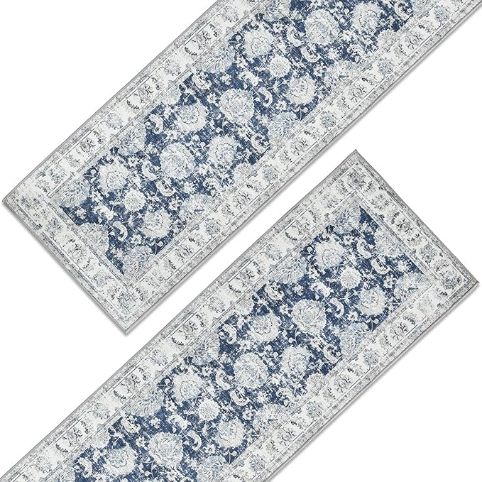 jinchan Runner Rug 3x10-2pcs Kitchen Washable Vintage Hallway Rug Floral Print Floor Cover Indoor Thin Retro Mat Accent for Bathroom Laundry Room Bedroom Office Farmhouse (Double,Dark Blue)-CubbioJoy