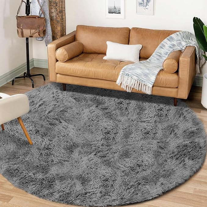 4FT Round Rug for Bedroom: Fluffy Shag Soft Washable Rugs Circle Small Fuzzy Plush Indoor Carpet for Living Room Nursery Playroom Dorm Kids Girls Boys Room (Dark Grey, 4'x4')-CubbioJoy