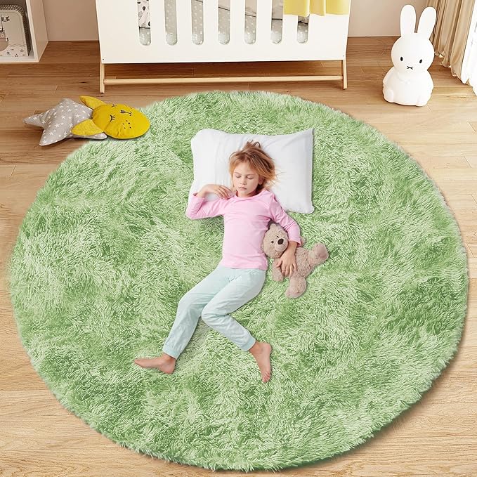 4FT Round Rug for Bedroom: Fluffy Shag Soft Washable Rugs Circle Small Fuzzy Plush Indoor Carpet for Living Room Nursery Playroom Dorm Kids Girls Boys Room (Sage Green, 4'x4')-CubbioJoy