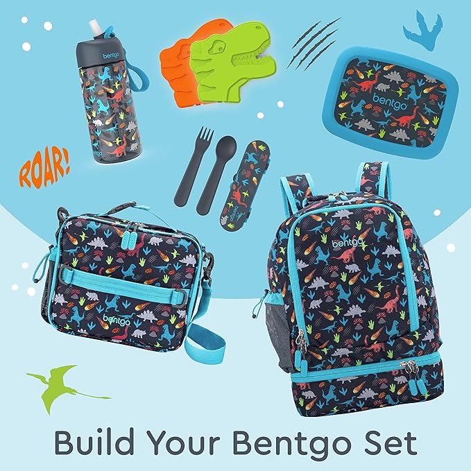 Bentgo Kids 2-in-1 Backpack & Insulated Lunch Bag - Durable 16” Backpack & Lunch Container in Unique Prints for School & Travel - Water Resistant, Padded & Large Compartments (Dinosaur)-CubbioJoy