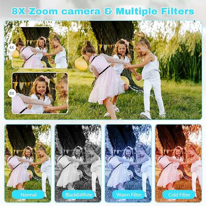 Digital Camera FHD 1080P Video & 8X Digital Zoom - Compact Point and Shoot Digital Camera with 2.4" Screen, 800mAh Rechargeable Battery - Portable Small Camera for Kids Teens Girls Boys (Teal)-CubbioJoy