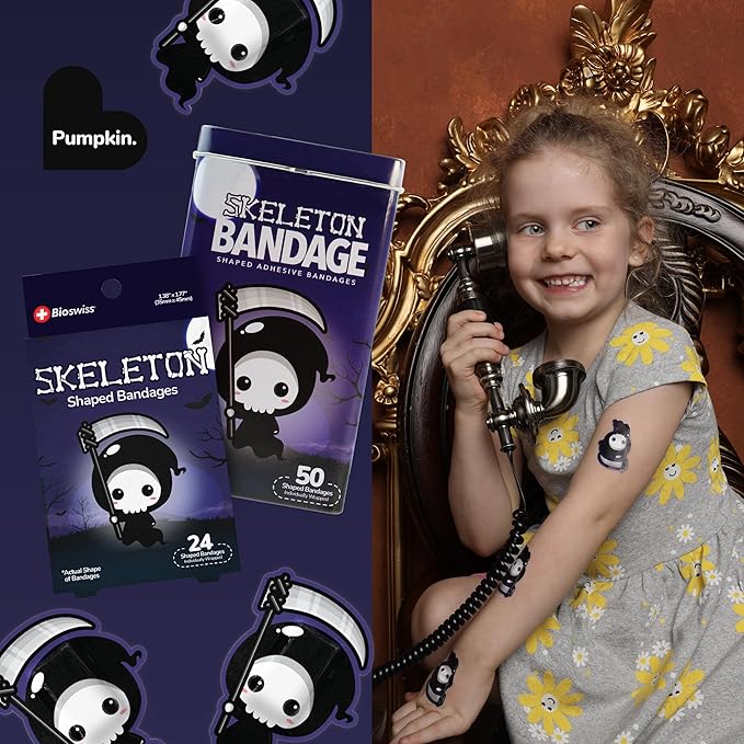 BioSwiss Bandages, Halloween Skeleton Shaped Self Adhesive Bandage, Latex Free Sterile Wound Care, Fun First Aid Kit Supplies for Kids, 24 Count-CubbioJoy