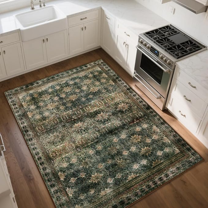 5x7 Washable Area Rug for Living Room Rustic, Non Slip Vintage Floral Bedroom Rugs Retro, Traditional Indoor Floor Carpet for Dining Room, Farmhouse, Office Classroom(Dark Green/Brown/Multi)-CubbioJoy