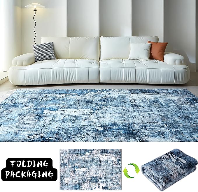 Area Rug 5x7 Washable Rug Boho Soft Abstract Pattern Non-Slip Non-Shedding Faux Wool Vintage for Living Room, Bedroom, Farmhouse, Dining Room, Indoor, Kids Playroom, Blue-CubbioJoy