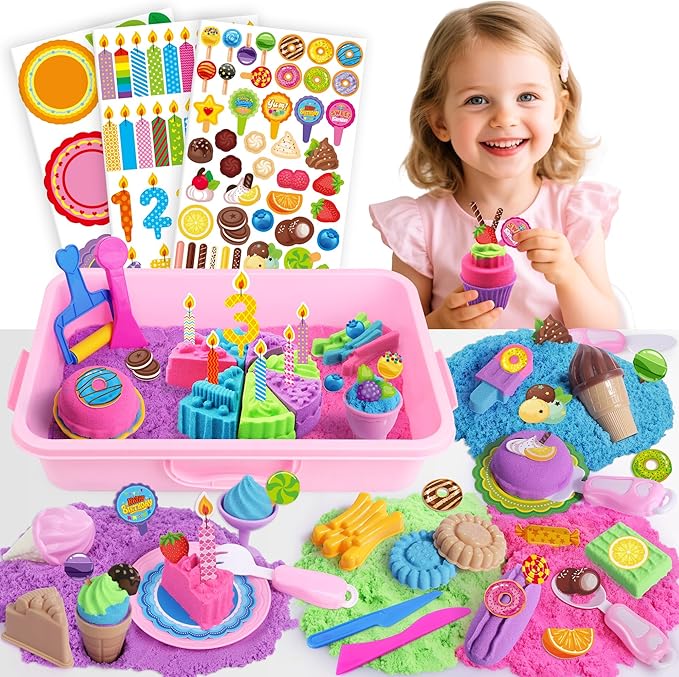 Cake & Ice Cream Sensory Bin Sand Toy, Sand Kit Sensory Toys w/lid and 4 Color Magic Sand 2.2lbs, Molds, Tools Set 43pcs Total for Toddlers, Fun Gift for Kids 3+-CubbioJoy