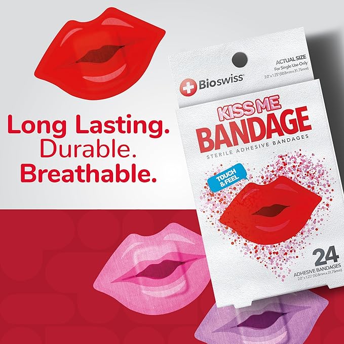 BioSwiss Bandages, Lips Shaped Self Adhesive Bandage, Latex Free Sterile Wound Care, Fun First Aid Kit Supplies for Kids, 24 Count-CubbioJoy