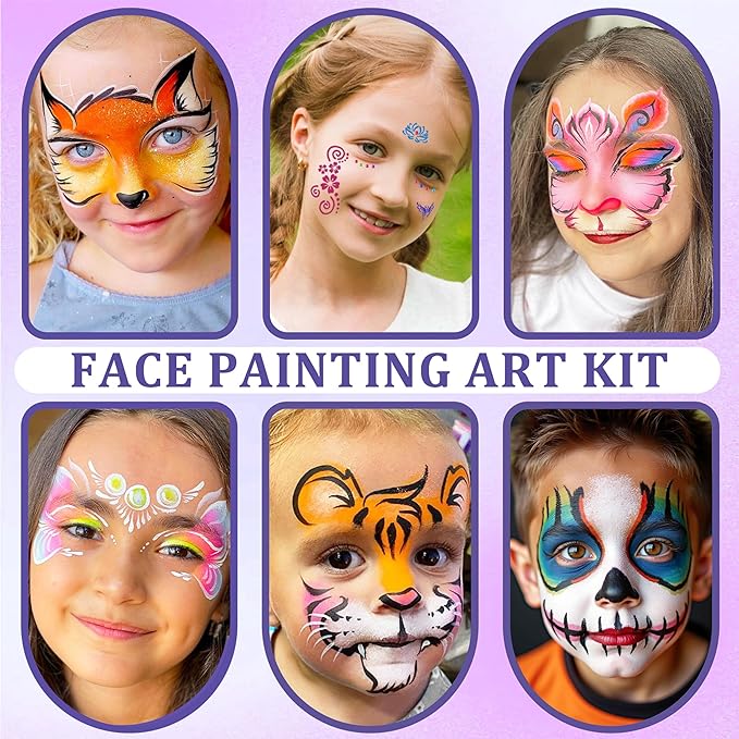42 Colors Kids Face Painting Kit,Non Toxic Water Activated Face Paint Palette with 5 Reusable & 45 Sticky Stencils,11 Brushes,2 Gems.Ideal for Mardi Gras,Halloween,Christmas,makeup,Parties,Makeup etc.-CubbioJoy