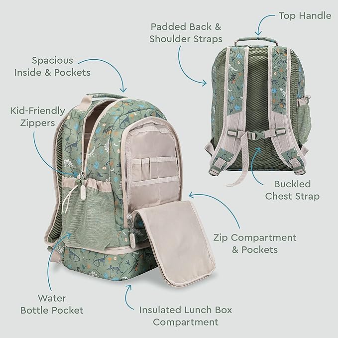 Bentgo Kids 2-in-1 Backpack & Insulated Lunch Bag - Durable 16” Backpack & Lunch Container in Unique Prints for School & Travel - Water Resistant, Padded & Large Compartments (Dino Fossils)-CubbioJoy