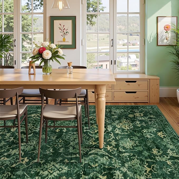 Deerly Dark Green Area Rugs 9x12 for Living Room Soft Non-Slip, Large Bedroom Rug Vintage Dining Room Rug Tribal Farmhouse Carpet for Dining Room Office Green-CubbioJoy