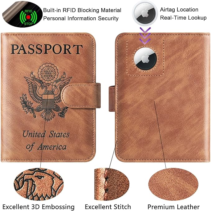 Airtag Passport Holder Cover Wallet Travel Essentials Leather Rfid Blocking Case Vacation Luggage Must Haves Travel Accessories for Men Women (117#Brown)-CubbioJoy