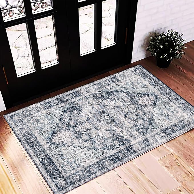 2'x3' Dark Blue Area Rug Washable Door Mat Vintage Distressed Doormat Indoor Entrance Traditional Thin Floral Print Non Slip Mats for Kitchen Bathroom Bedroom Living Room-CubbioJoy