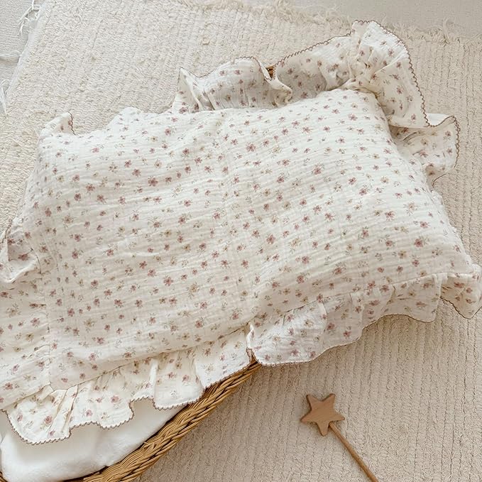 BuLuTu 2-Layer Cotton Muslin Toddler Pillowcases for Girls Boys Floral Pillow Cover Decorative Pillow Cases Gauze Cotton Small Pillow Protector for Crib, Envelope Closure, 14"x20",1 pc-CubbioJoy