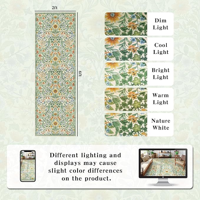 2x6 Washable Runner Rug,Grass Green Floral Boho Area Rug for Hallway,Low-Pile Non-Slip Stain Resistant Carpet for Kitchen, Bedside,Laundry Room,Entryway-CubbioJoy