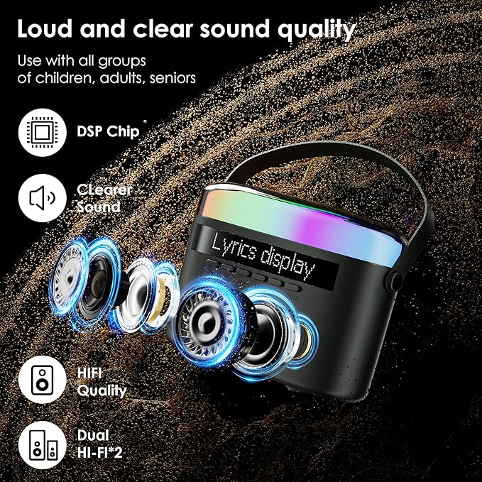 Karaoke Machine,Karaoke Machine with Lyrics Display,Portable Bluetooth 5.3 Karaoke Speaker with Upgraded Dual Speakers for Kids and Adults,with White Noise and Night Light Function (Black)-CubbioJoy