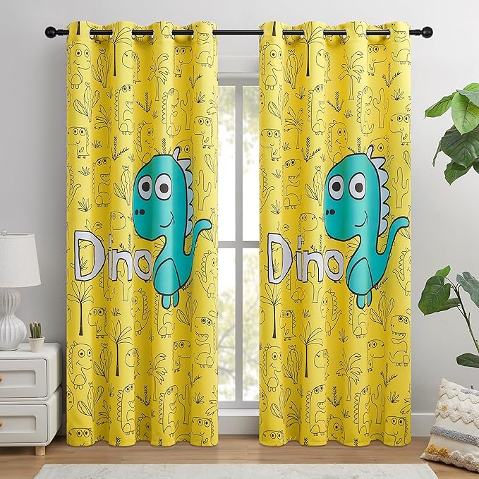 Dinosaur Blackout Curtains for Kids Room - 2 Panels, Each W52×L84, 100% Blackout, Thermal Insulated, Noise Reducing, Perfect for Kids Room and Nersury-CubbioJoy