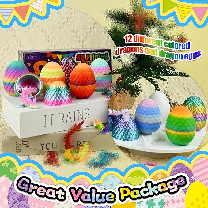 12PCS 3D Printed Dragon Eggs with Dragon Inside, Unique Fun Gifts Cool Stuff Cool Gadgets for Men Teens Boy Gifts, Mini Articulated Easter Basket Essentials for Kids-CubbioJoy